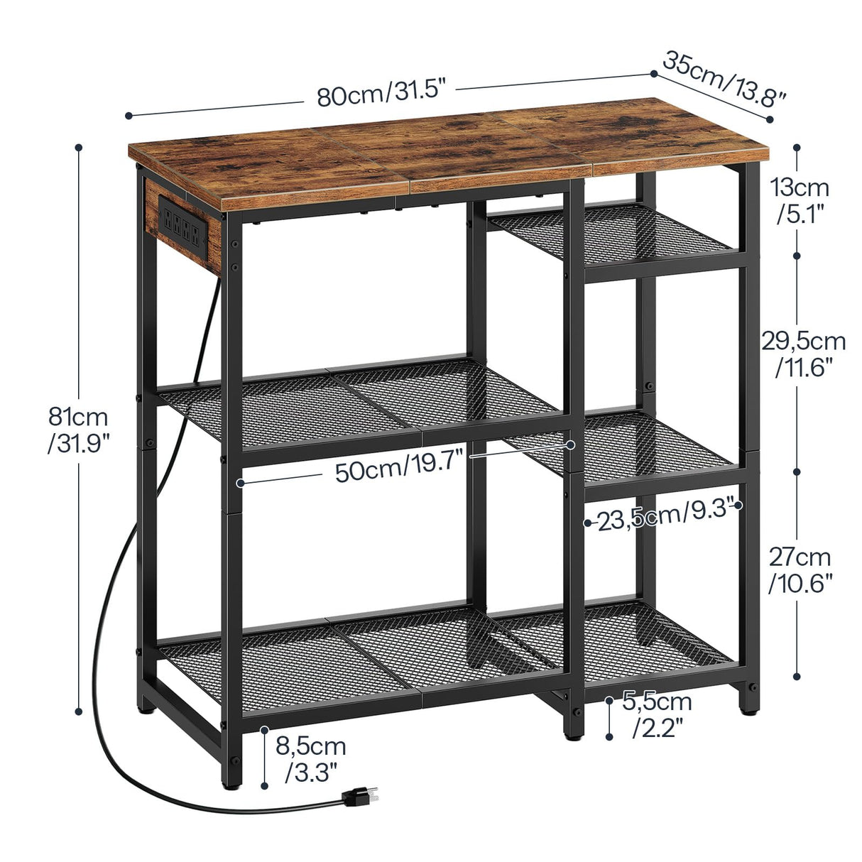 HOOBRO Kitchen Baker's Rack, Coffee Bar Stand with Charging Station, Microwave Stand, 4-Tier Small Kitchen Shelf Rack for Kitchen, Living Room, Rustic Brown and Black BF35UHB01 HOOBRO