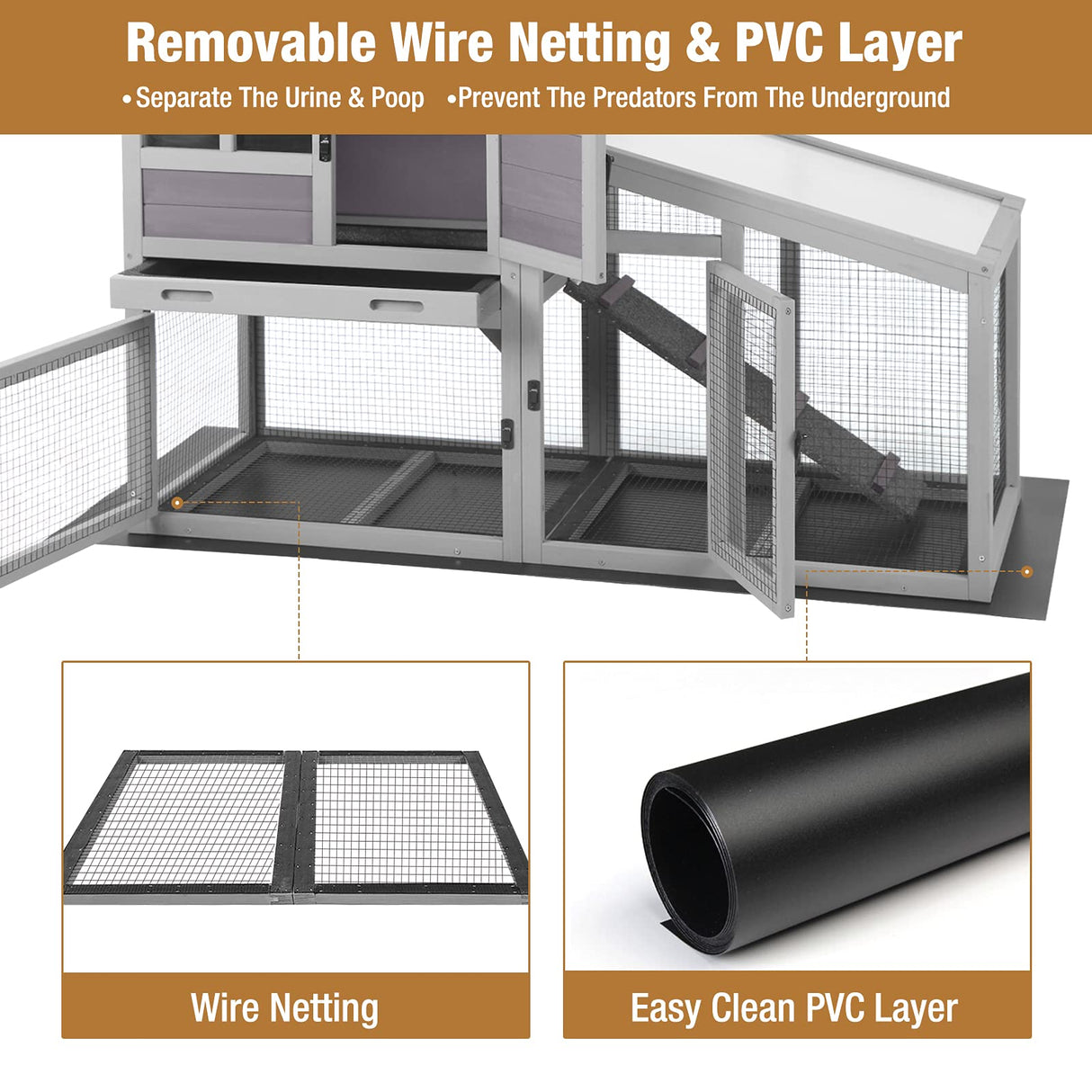 GUTINNEEN Rabbit Hutch for Outdoor Indoor Use, Bunny Cage with PVC Layer and Bottom Wire Netting, Wooden Chicken Coop Rabbit House with UV Roof, Leakproof Tray, Run GUTINNEEN