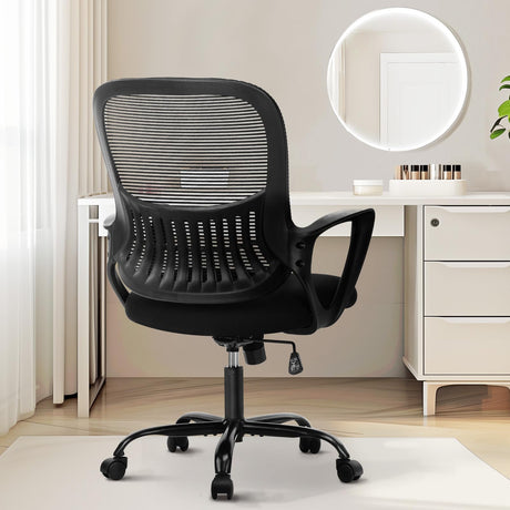 Sweetcrispy Office Computer Desk Managerial Executive Chair, Ergonomic Mid-Back Mesh Rolling Work Swivel Chairs with Wheels, Comfortable Lumbar Support, Comfy Arms for Home,Bedroom,Study,Student,Black Sweetcrispy