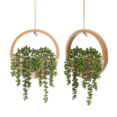 Floweroyal 2pcs Artificial Succulents Hanging Plants 12.2'' Fake String of Pearls in Pot with 8.3'' Lanyard for Indoor Outdoor Wall Decor（Wood Color）. Floweroyal
