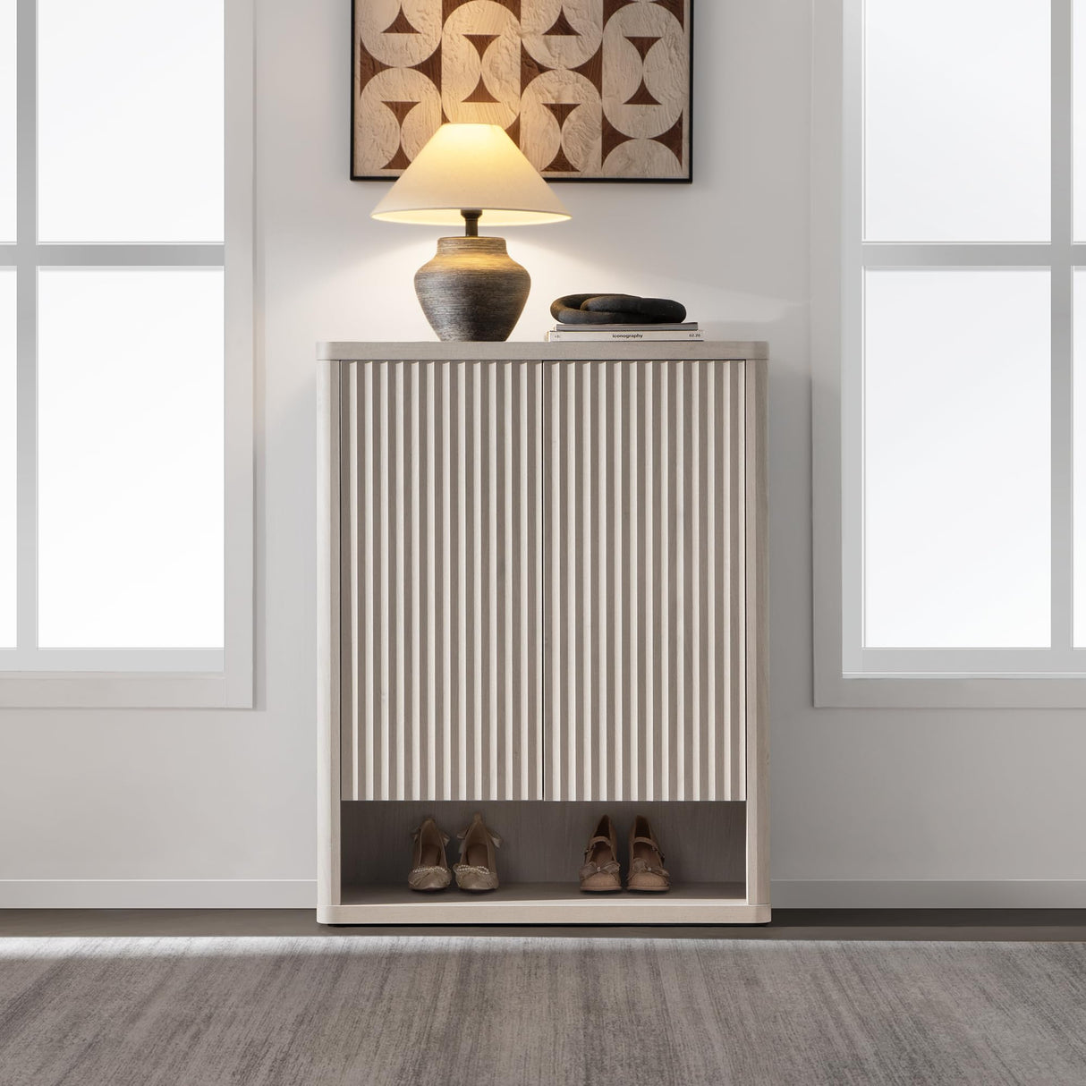 SICOTAS Shoe Cabinet 44" Tall Large Storage Organizer Modern Shoe Rack with Doors & 4 Shelves Mid Century Free Standing 6-Tier Cabinet for Entryway Hallway Living Room Closet SICOTAS