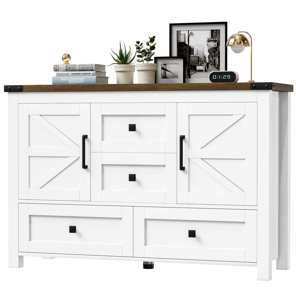 VVFLU Farmhouse White Dresser for Bedroom with 4 Drawers and 2 Barn Doors, White Wood Chest of Drawers 47 Inch Wide, Large, Long, Adjustable Shelves, 5 Legs, Living Dining Room, Entryway, Hallway VVFLU