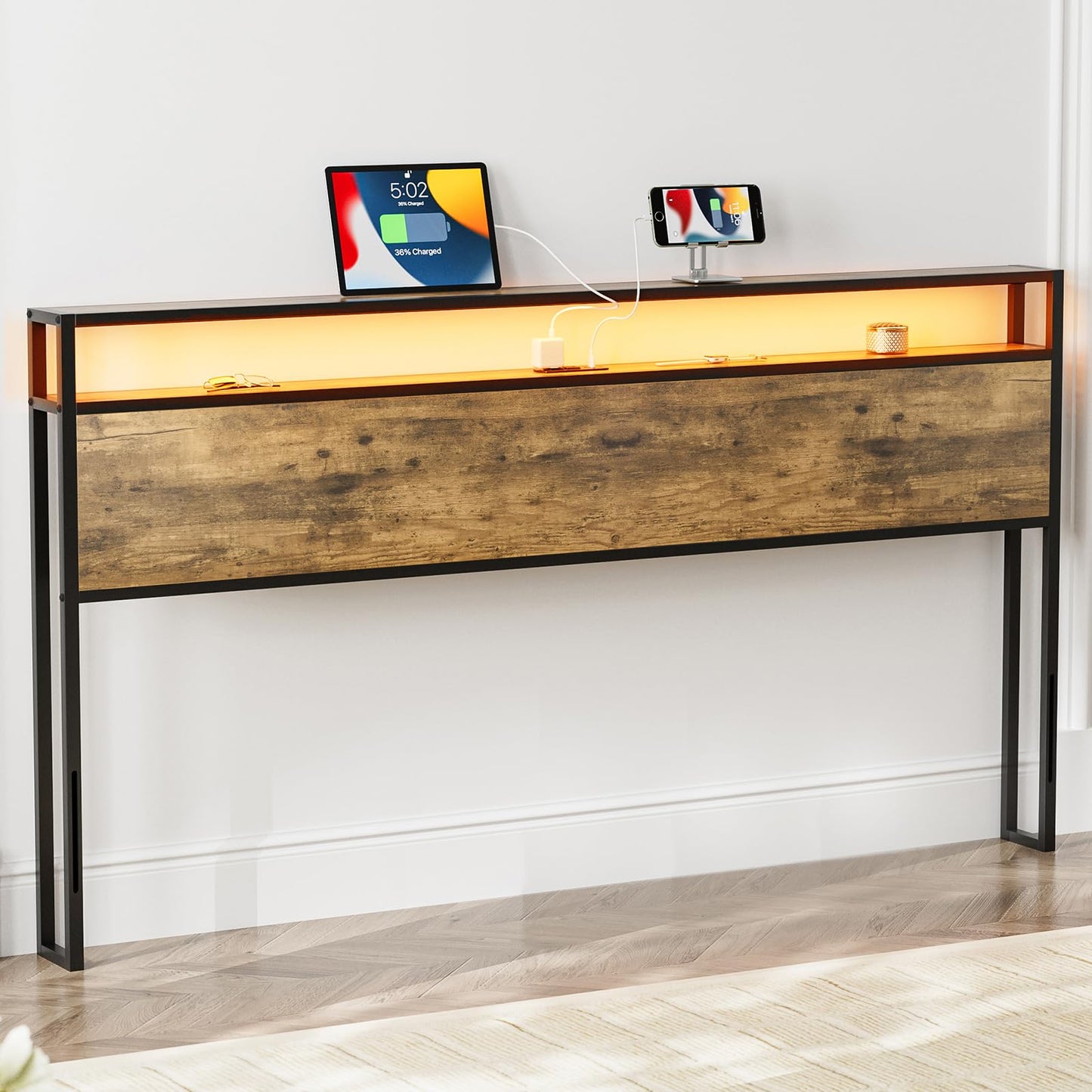 KZNGK King Size LED Headboard with Charging Station and Industrial Storage Design - WoodArtSupply