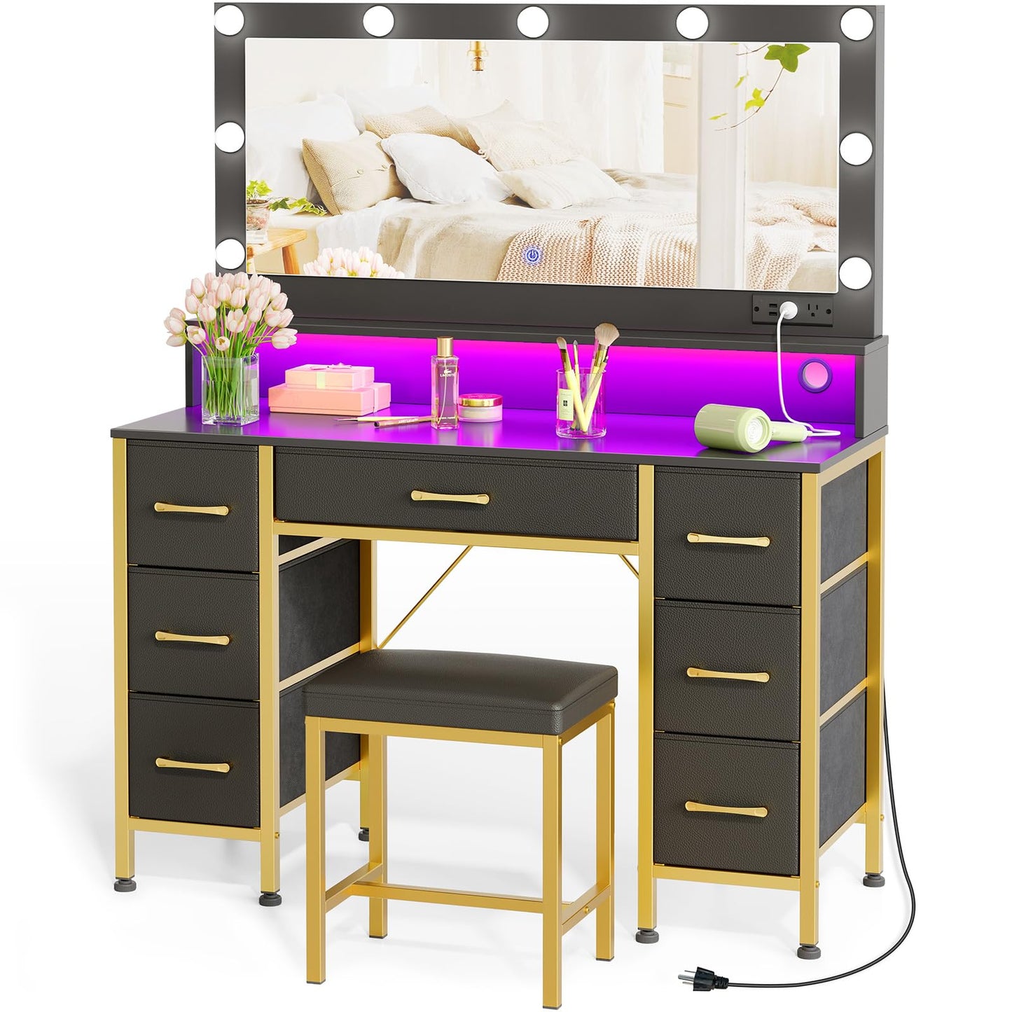 Rolanstar Vanity Desk with Mirror and Lights, Makeup Vanity with Upholstered Vanity Stool, 7 Fabric Drawers, 9 LED Bulbs, Vanity Set with Power Outlets, RGB Strip Lights for Bedroom, Black and Gold