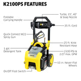 Kärcher Pressure Washer K2100PS, Max 2625 PSI, 3 Spray Nozzles, Detergent Tank, For Cars, Driveways, Siding, Patios, 2.07 max. GPM Kärcher