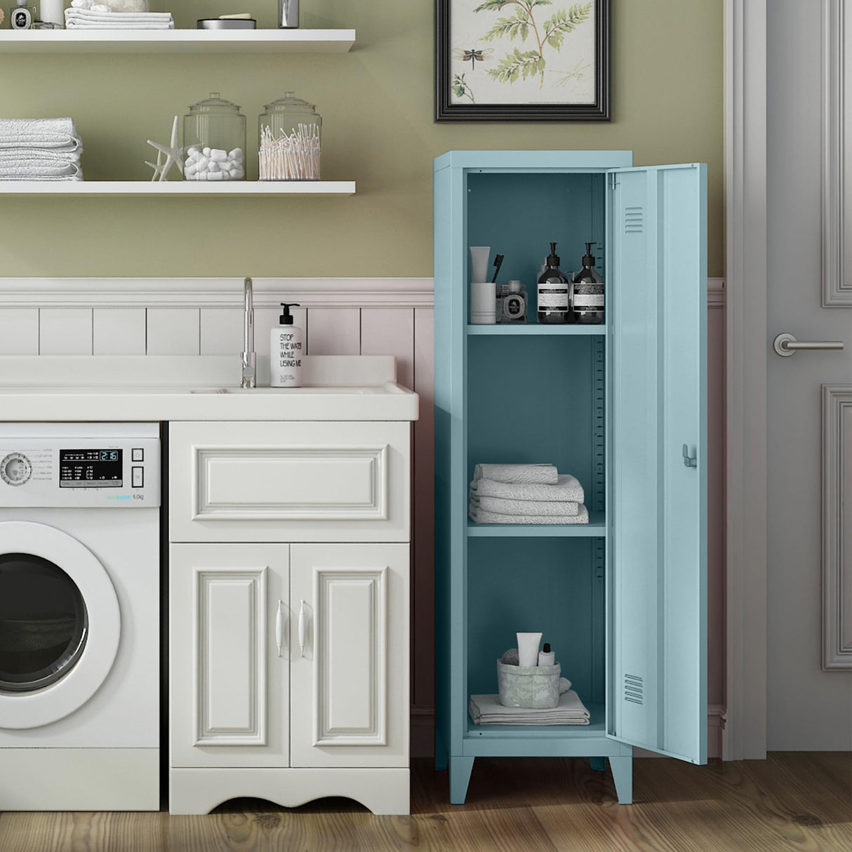 MIOCASA Metal Cabinet Home Office Storage Cabinets with Doors and Shelves Lockable 3 Door File Cabinet Organizer Coat Lockers for Kids (Blue) MIOCASA