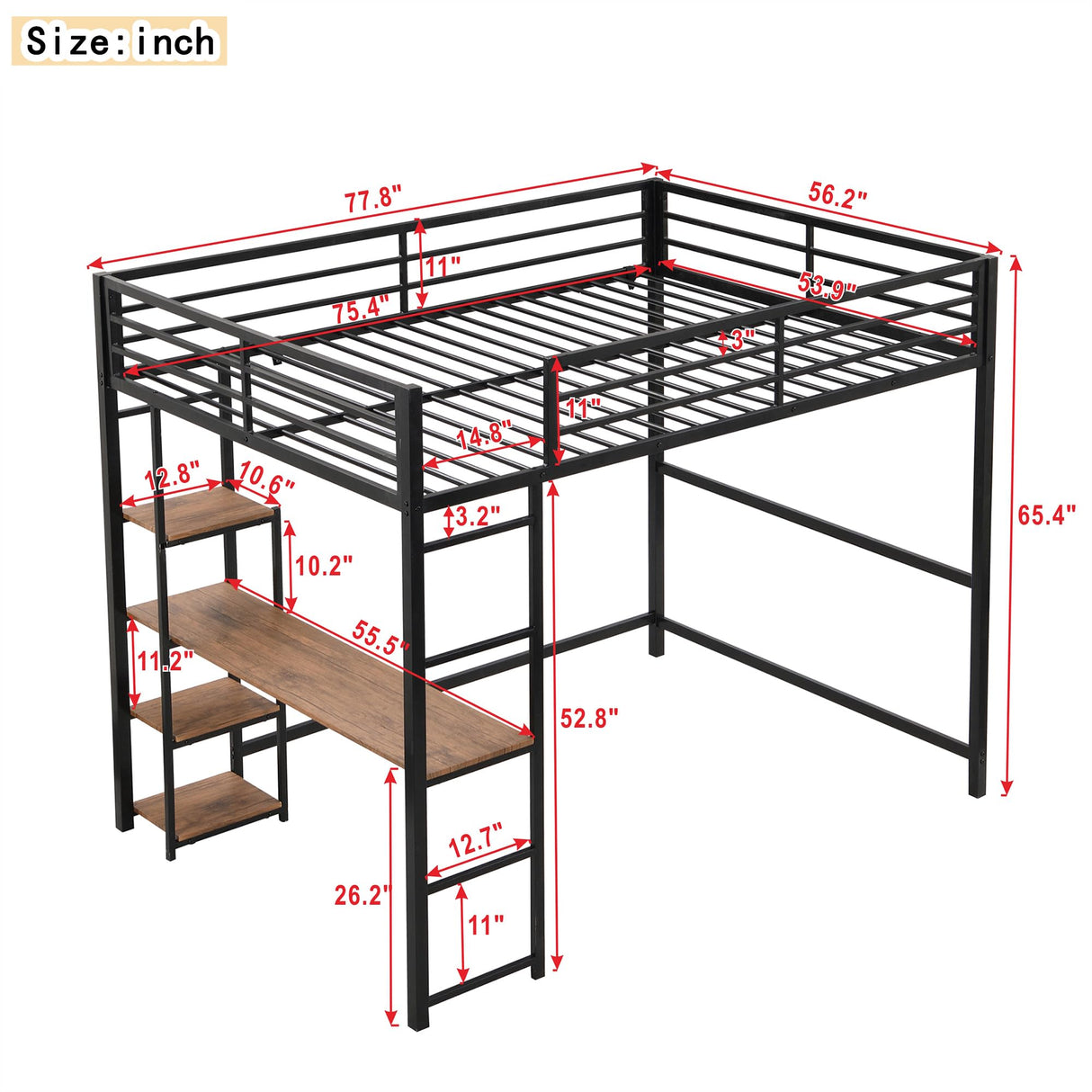 Kamsly FAVSH Full Size Metal Loft Bed Frame with Built-in Desk and Storage Shelves,Multifunctional Bedroom Bed W/Ladder, Full-Length Guardrails,for Kids,Boys,Girls,Black Kamsly