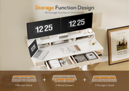 Claiks Standing Desk with Drawers, Electric Adjustable Standing Desk Adjustable Height, Sit Stand Up Desk with Storage Shelves & Wheels, 48 Inch White - WoodArtSupply