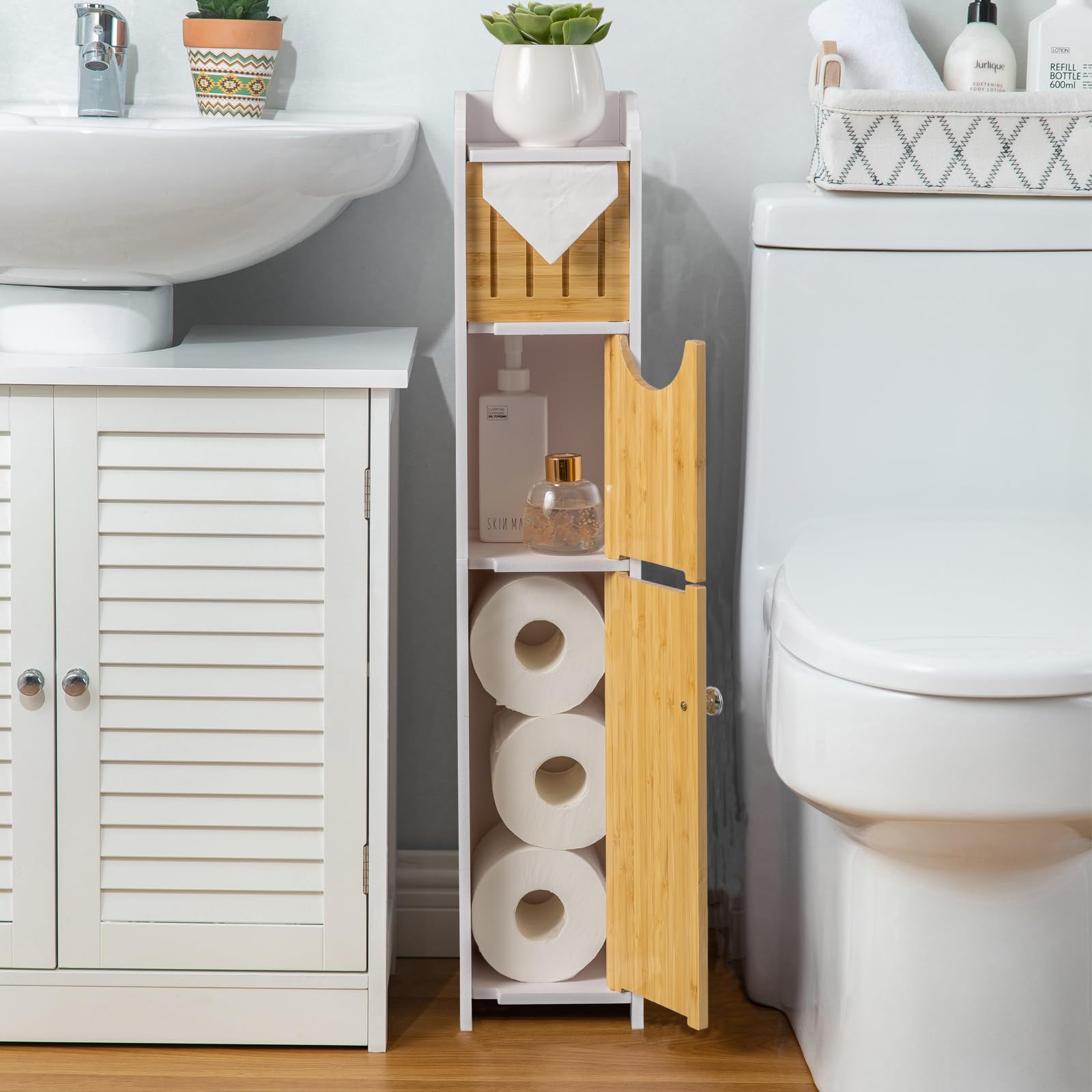 AOJEZOR Bathroom Storage Cabinet: Sideboard Buffet Cabinet,White/Bamboo - WoodArtSupply