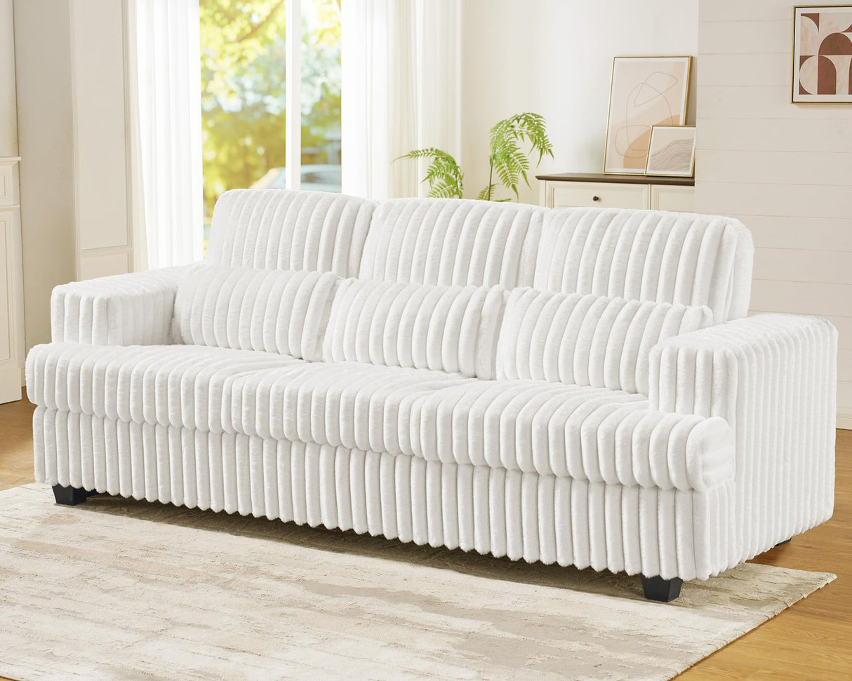 VanAcc 89 Inch Sofa, Modern Couch with Deep Seats, Comfy Sofa with 3 Throw Pillows, Upholstered Couch for Living Room, White VanAcc