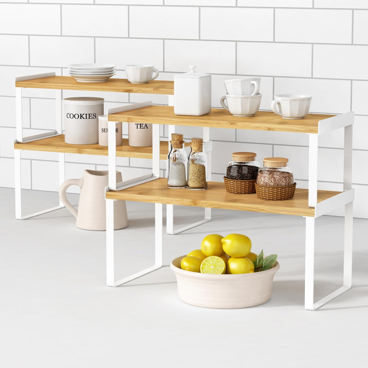 Goozii Large Kitchen Cabinet Organizer Shelf Set of 4, White Stackable Countertop Organizer for Kitchen Counter, Organizers and Storage Rack for Spices Plate (Bamboo Wood) Goozii