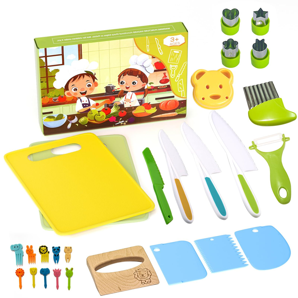 27 Pcs Montessori Kitchen Tools for Toddlers, Kids Knives for Real Cooking Safe Knife Set Include Toddler Cutting Boards Sandwich Cutters Peeler for Birthday Tools for Age 2-10 Year Old Girl Boy LURVUO