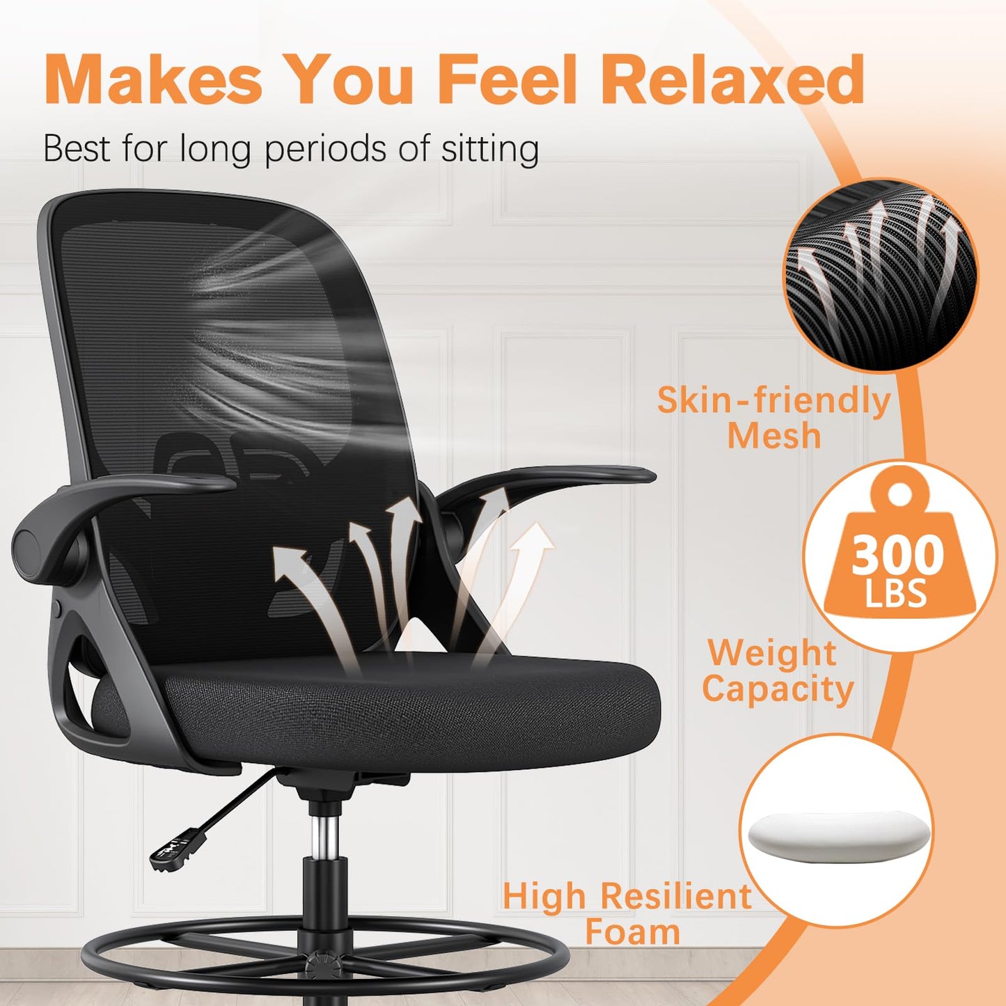 ORRSAKER Tall Drafting Chair with Lumbar Support and Footrest Ring, Supportive Tall Extended Height Ergonomic Desk Chair for Home Work, Breathable Tall Mesh Office Chair with Flip up Arms(Black)