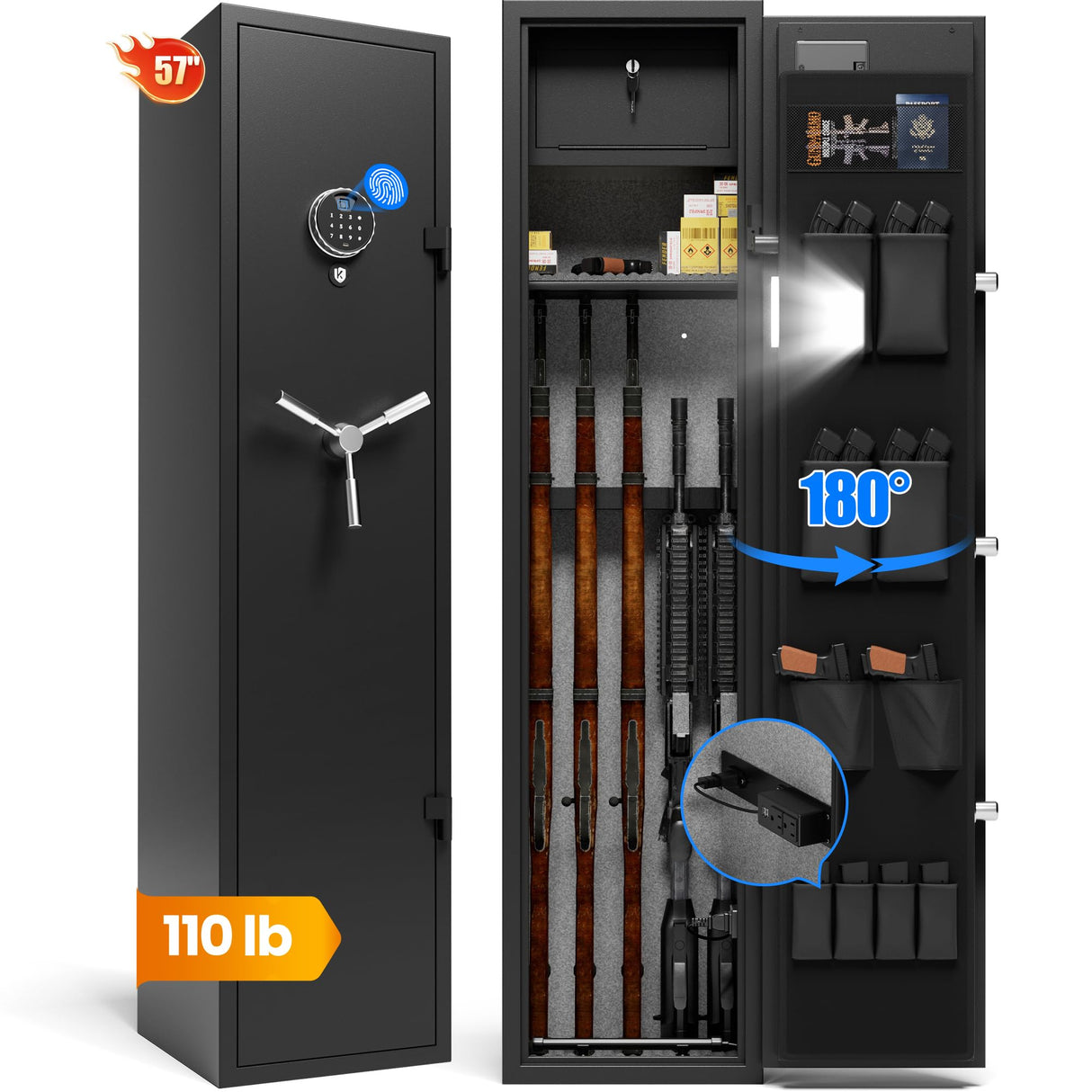 KornerBatl 110 lb Biometric Gun Safe for Rifles and Pistols with Power Outlet Kit (2 USB & Standard Outlets) - Quick Access 5 Gun Safes & Cabinets with Gun Organizer, Removable Shelf and LED Light KornerBatl