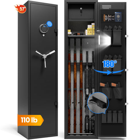 KornerBatl 110 lb Biometric Gun Safe for Rifles and Pistols with Power Outlet Kit (2 USB & Standard Outlets) - Quick Access 5 Gun Safes & Cabinets with Gun Organizer, Removable Shelf and LED Light KornerBatl