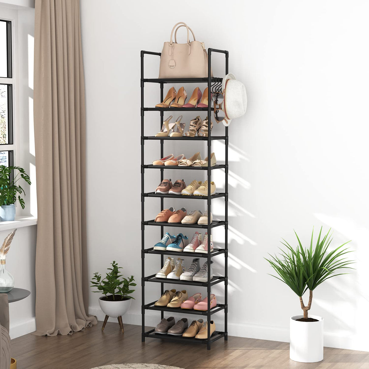 LANTEFUL 10 Tiers Tall Shoe Rack 20-25 Pairs Boots Organizer Storage Sturdy Narrow Shoe Shelf for Entryway, Closets with Hooks, Black LANTEFUL