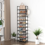 LANTEFUL 10 Tiers Tall Shoe Rack 20-25 Pairs Boots Organizer Storage Sturdy Narrow Shoe Shelf for Entryway, Closets with Hooks, Black LANTEFUL