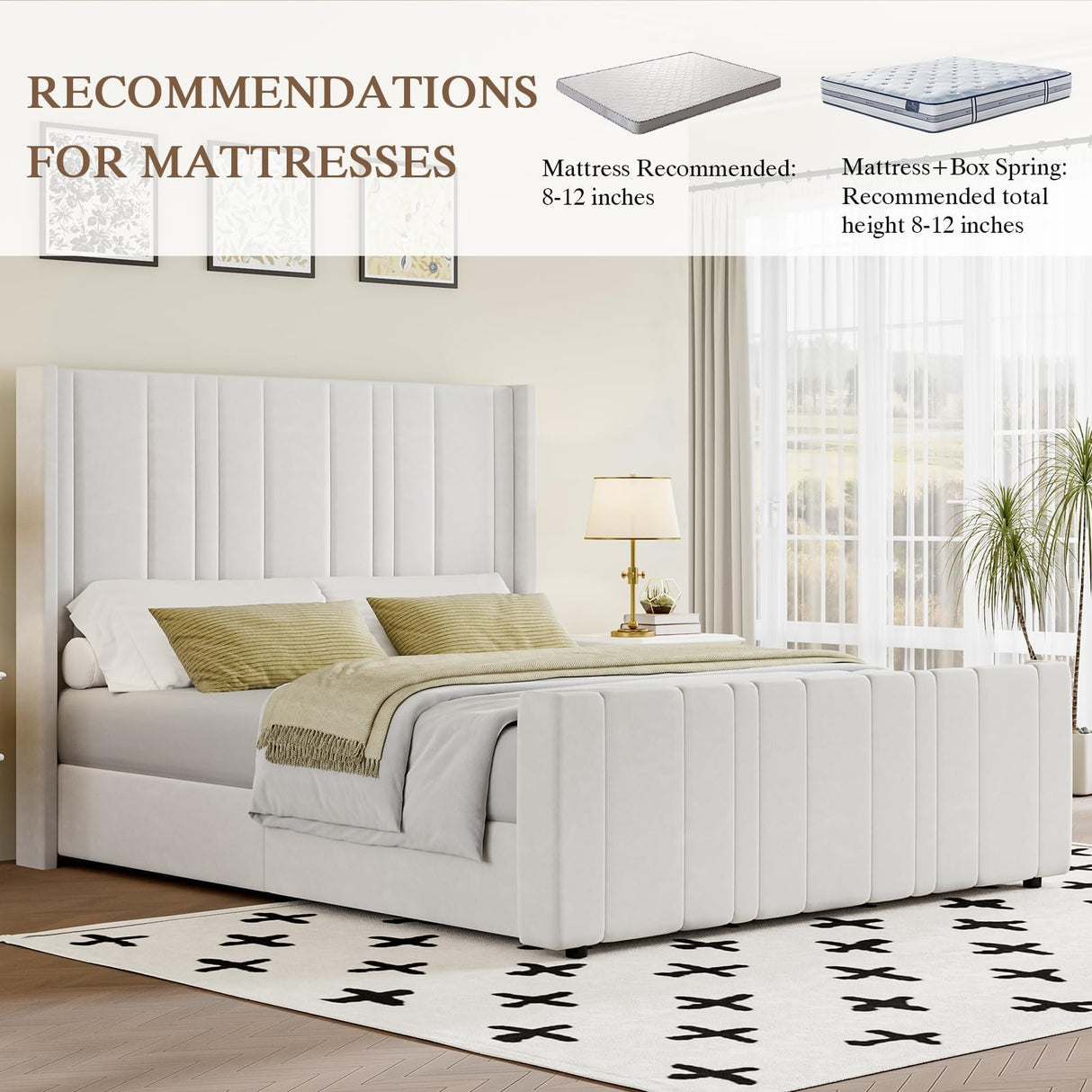 HOMBCK King Size Bed Frame, Soft Velvet Upholstered Bed Frame with Vertical Channel Tufted Wingback Headboard & Footboard, Soft Bed Frame King, Noise Free, Easy Assembly, White HOMBCK