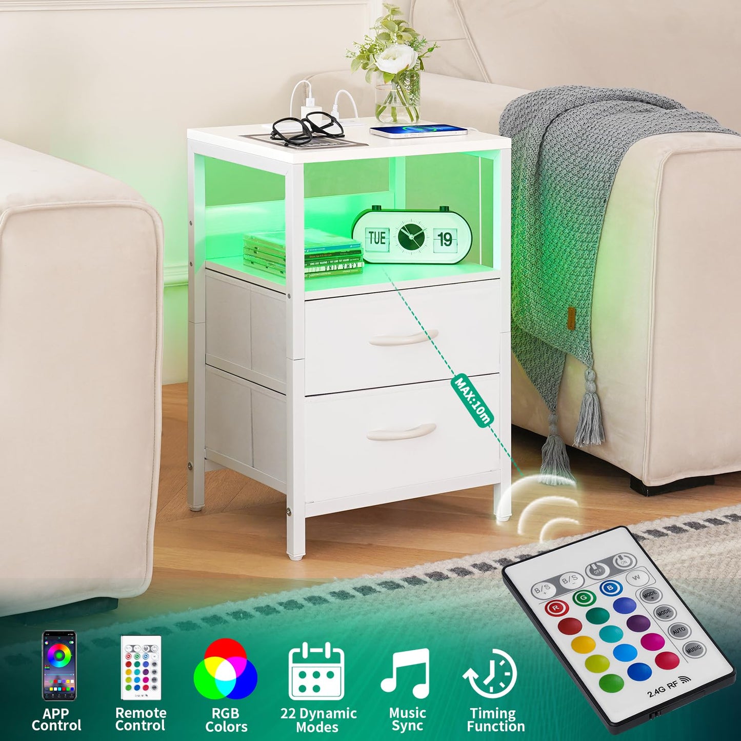 Yoobure Nightstand with Charging Station, LED Night Stand with Fabric Drawers and Storage Shelf for Bedroom, Nightstands Bedside Tables with USB Ports & Outlets, Small Night Stands, Bed Side Table