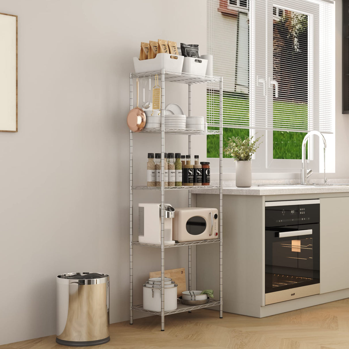 HOMEFORT 5-Shelving Unit, Adjustable Wire Shelving, Metal Wire Shelf with Shelf Liners and Hooks for Kitchen, Closet, Bathroom, Laundry,Sliver,21" W x 11" D x 59" H HOMEFORT