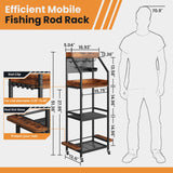 KITIVIALA Fishing Rod Holder for Garage with Hooks & Pegboard, 3-Tier Fishing Pole Rack Holds 12 Rods, Rolling Fishing Rod Storage Organizer with Wooden Tool Box, Fishing Tackle Shelf for Anglers KITIVIALA