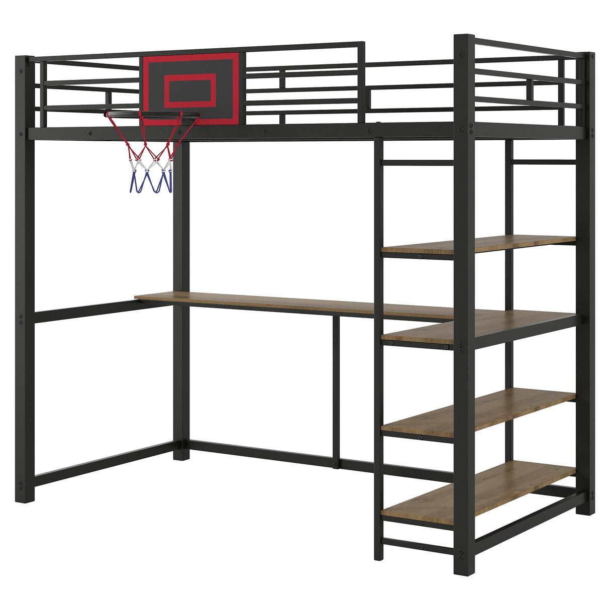 Twin Size Loft Bed with Desk and Storage Shelves,Metal Loft Bed with Basketball Hoop,Heavy Duty Loft Bed Frame for Kids,Teens,Adults,High Loft Bed Frame Twin Size, Space Saving, Black Bellemave