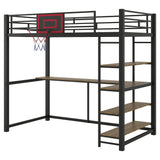 Twin Size Loft Bed with Desk and Storage Shelves,Metal Loft Bed with Basketball Hoop,Heavy Duty Loft Bed Frame for Kids,Teens,Adults,High Loft Bed Frame Twin Size, Space Saving, Black Bellemave