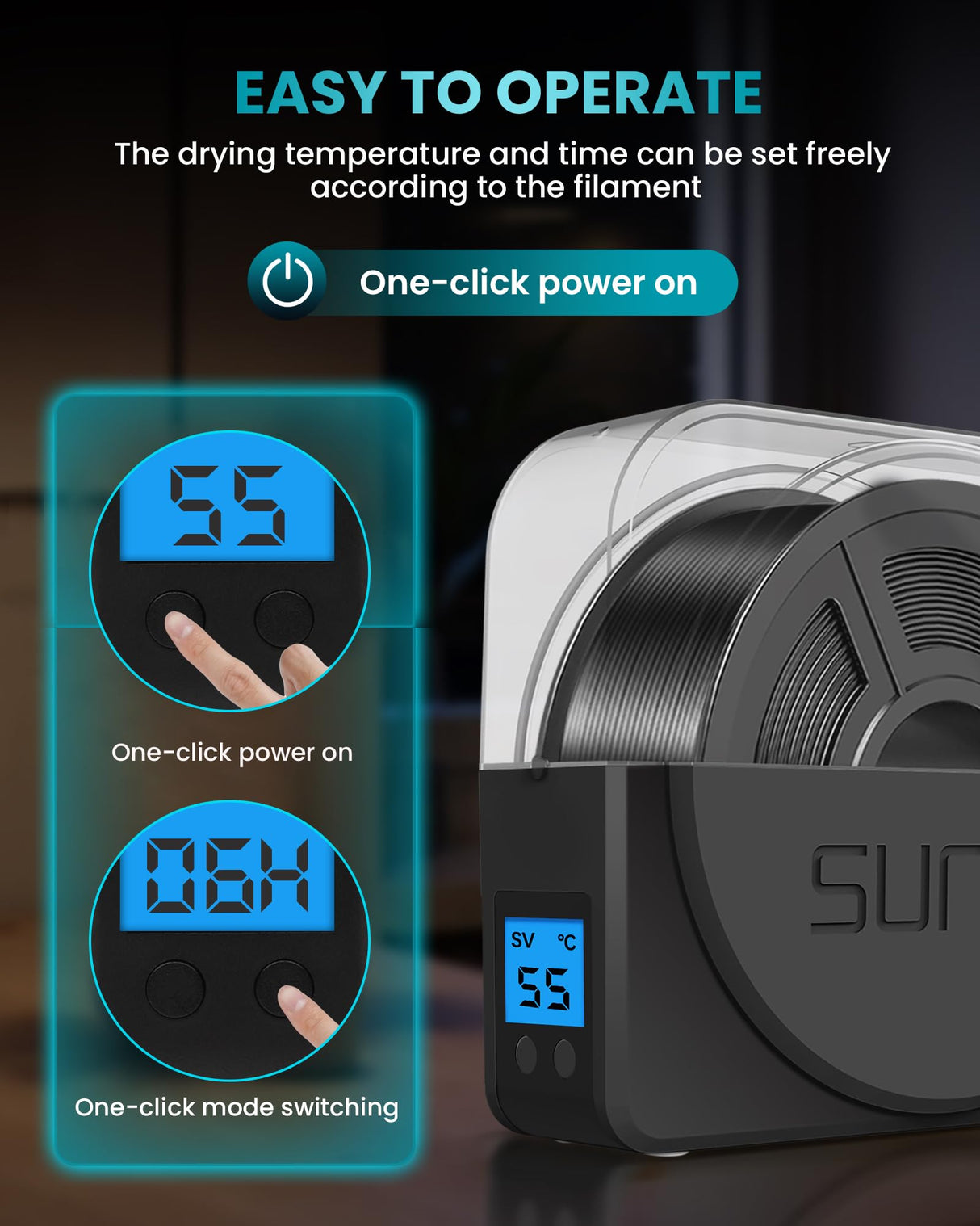 SUNLU Filament Dryer Box for 3D Printer Filament, S1 Plus Filament Dehydrator with Fan Design, Filament Storage can Keep 1.75 2.85 3.00mm PLA PETG ABS Filament Dry During 3D Printing (Black) SUNLU