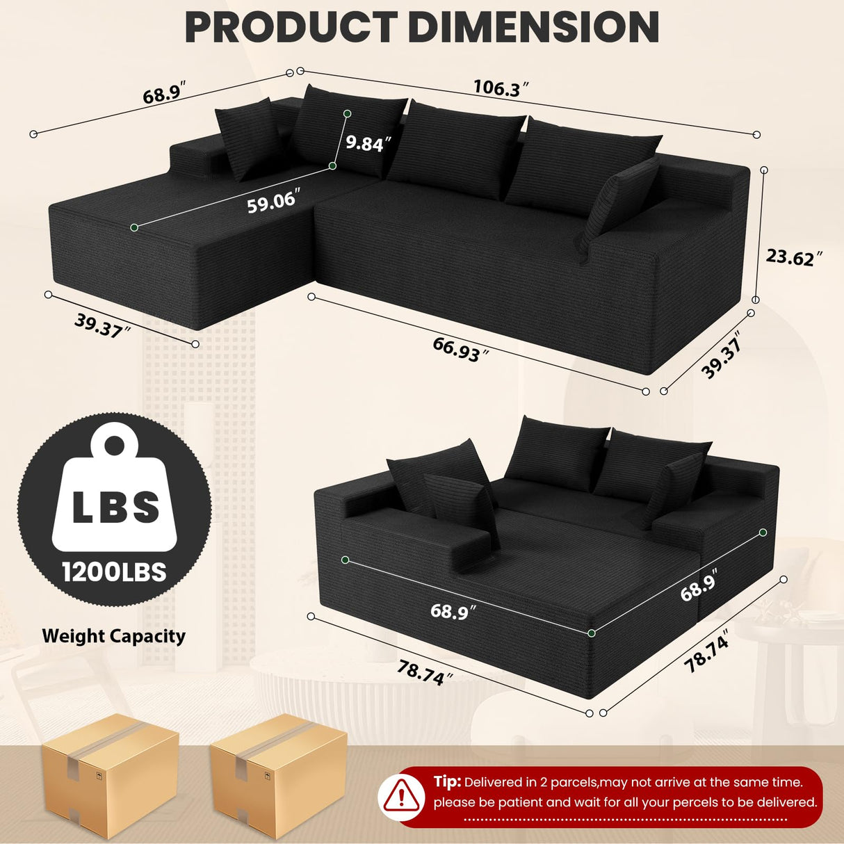 LEVELEVE 106" Cloud Sectional Couch with Deep Seat，Modern Modular Sofa with L-Shape Chaise，No Assembly Required, Upholstered Couches for Living Room Bedroom(Black,Left Facing Chaise) LEVELEVE