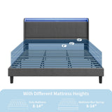 SLEKVERSA Queen Size Bed Frame with LED Lights and Charging Station, Fabric Upholstered Platform Queen Bed Frame with Headboard, No Box Spring Needed Bedframe, Noise Free, Easy Assembly, Gray SLEKVERSA