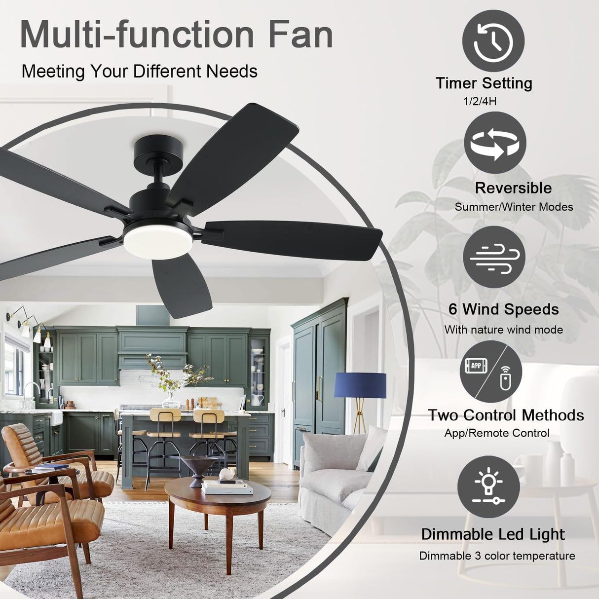 NKPU 52 Inch Ceiling Fans with Lights and Remote/App Control, Low Profile Ceiling Fan with 2 Downrods, DC Reversible, Dimmable, Dual-Sided Blades Modern Black Ceiling Fan for Bedroom Livingroom NKPU