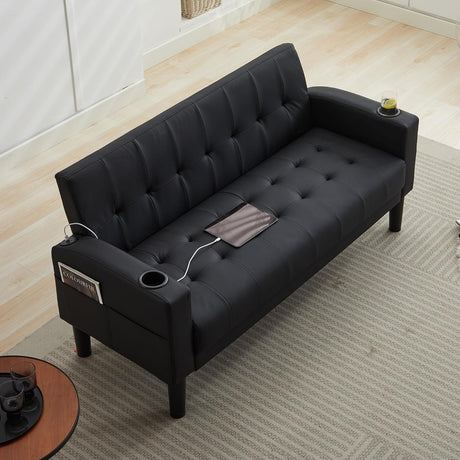 TYBOATLE Sofa Couch 62" W Loveseat w/ 2 USB Charger Ports & 2 Cupholders, Mid-Century Modern Black Faux Leather Tufted Small Love Seat Couches for Office,Compact Living Room,Bedroom,Apartment,Dorm TYBOATLE