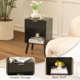 Fultyle Fluted Black Nightstand with Charging Station, Mid Century Modern Bedside Table with Drawers and Outlet,Side Tables Living Room, Wooden Night Stand for Bedroom, Office (Black) Fultyle