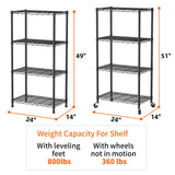 SINGAYE 4 Shelves Storage Shelf Wire Closet Bathroom Organizers Metal Pantry Kitchen Garage Shelving Unit Laundry Room Organization Home Rack Net Basket Black with Wheels SINGAYE