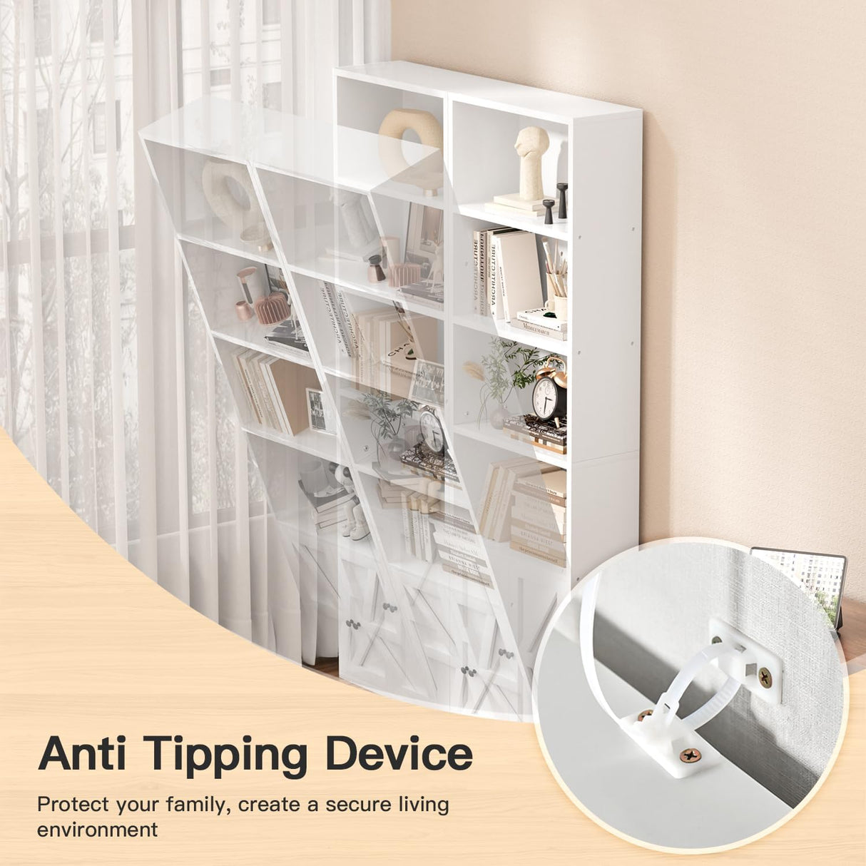 OneBlis 71.5" Bookshelf and Bookcase, 6-Tier Bookshelves with Cabinet Doors, Tall Display Shelves with Storage for Home Office, Living Room (White) OneBlis