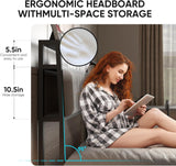 J.Fkne Full Bed Frames with Charging Station and LED Lights, Full Size Platform Bed with Metal Slats, Upholstered Headboard with 2-Tier Storage Shelves, No Box Spring Needed, Easy Assembly, Black J.Fkne