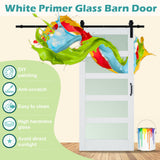 Lakenyon 42in x 84in Glass Barn Door with 6.98 Ft Sliding Door Hardware Kit, Handle, 5-Panel Frosted Glass, Solid Wood & MDF White-Primed Barn Door Panel, Pre-Drilled, Easy to Assemble Lakenyon