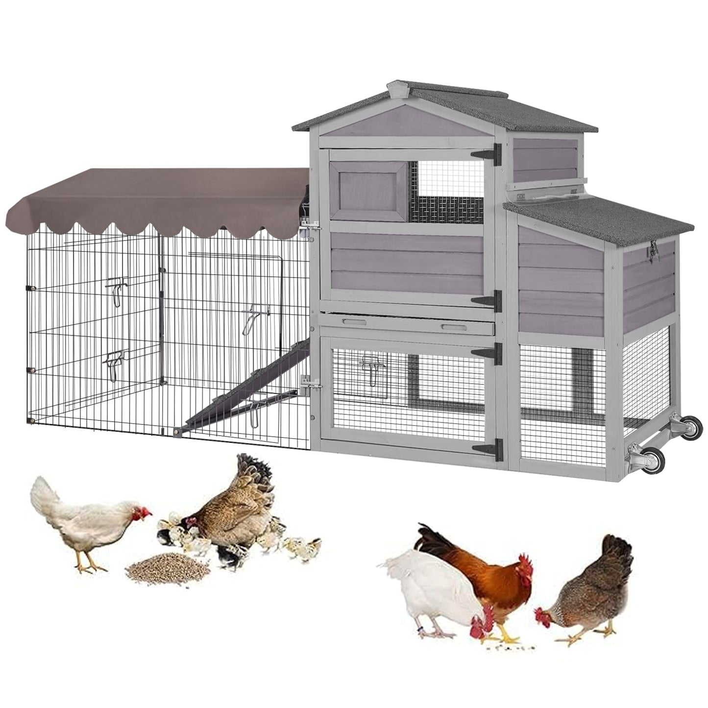 SUUMERPETY Chicken Coop Outdoor,Wooden Chicken House with Metal Chicken Run,Mobile Hen House with Nesting Box,Outdoor Poultry Cage for Yard Farm Use