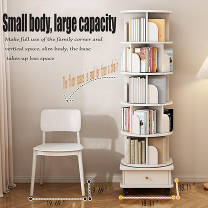 TruRim 360° Rotating Small Space Bookshelf – White Wooden Tower with Six-Tier Storage for Home Use - WoodArtSupply