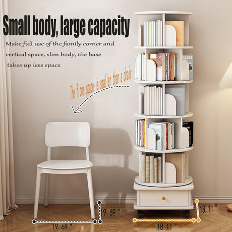 TruRim 360° Rotating Small Space Bookshelf – White Wooden Tower with Six-Tier Storage for Home Use TruRim