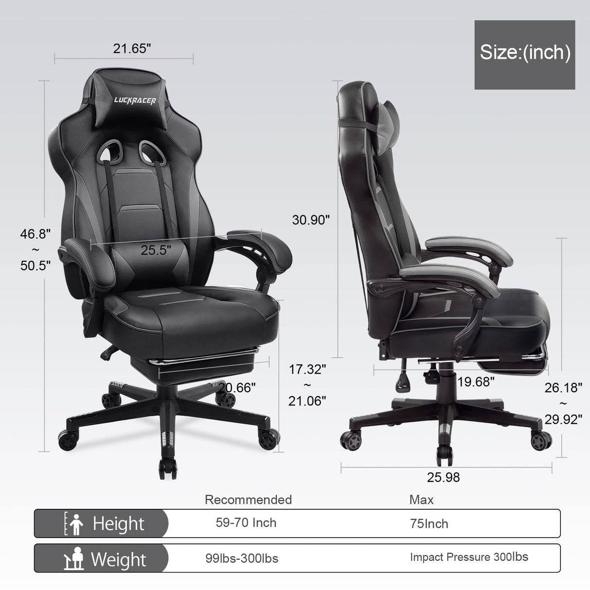 LUCKRACER Gaming Chair, Video Game Chairs Gaming Computer Chair with Footrest 350Lb Heavy Duty Gaming Chair Ergonomic Office Chair Lumbar Support for Adults, High Back, Swivel Seat, Recliner(Grey) LUCKRACER