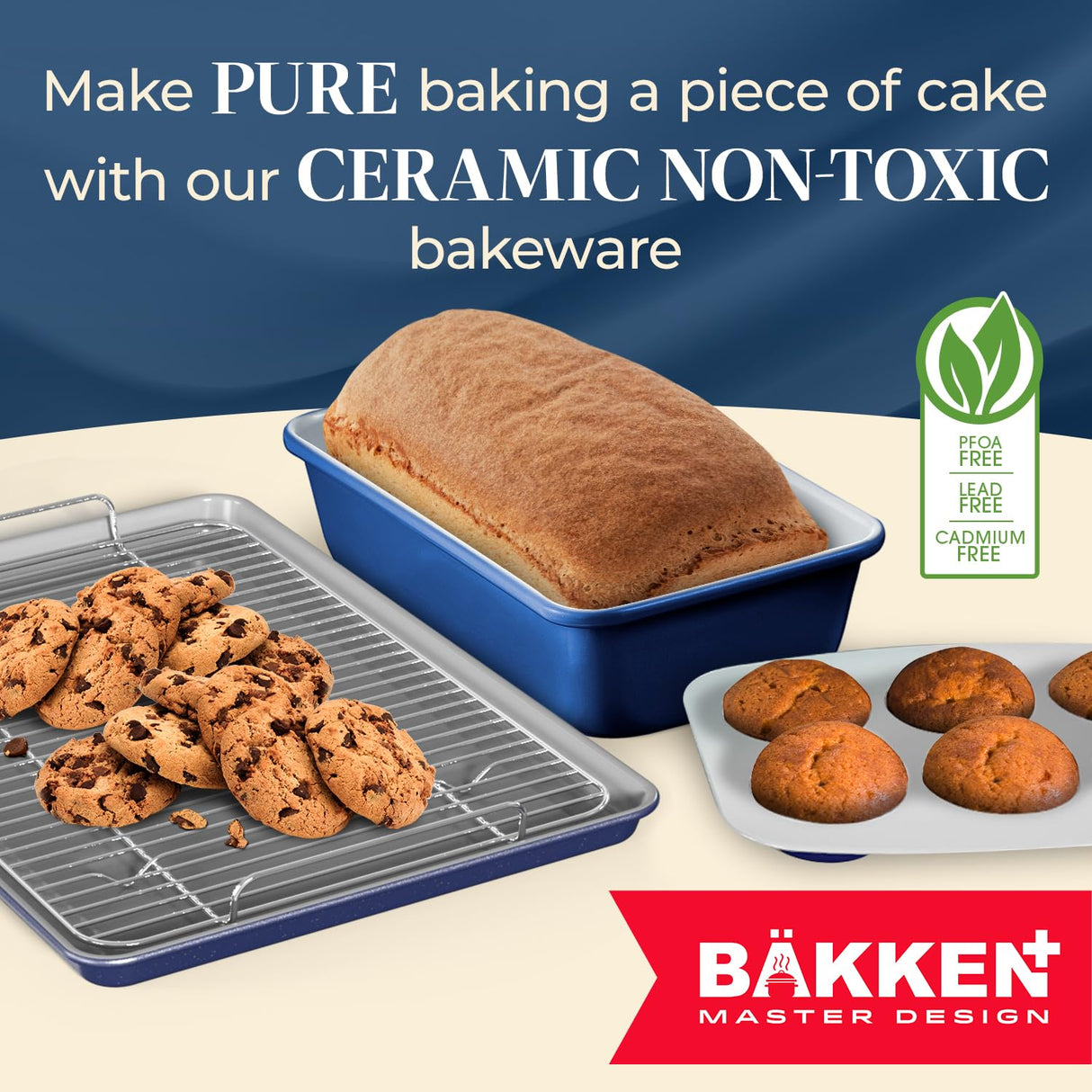Bakken 8-Piece Stackable Bakeware Set - Ceramic Non-Stick Coating, Baking Sheets, Assorted Baking Pans, PTFE, PFOA & PFOS Free - Healthy Baking, Ergonomic Handles, Cooling Rack, Non-Toxic, Oven-Safe Bakken- Swiss