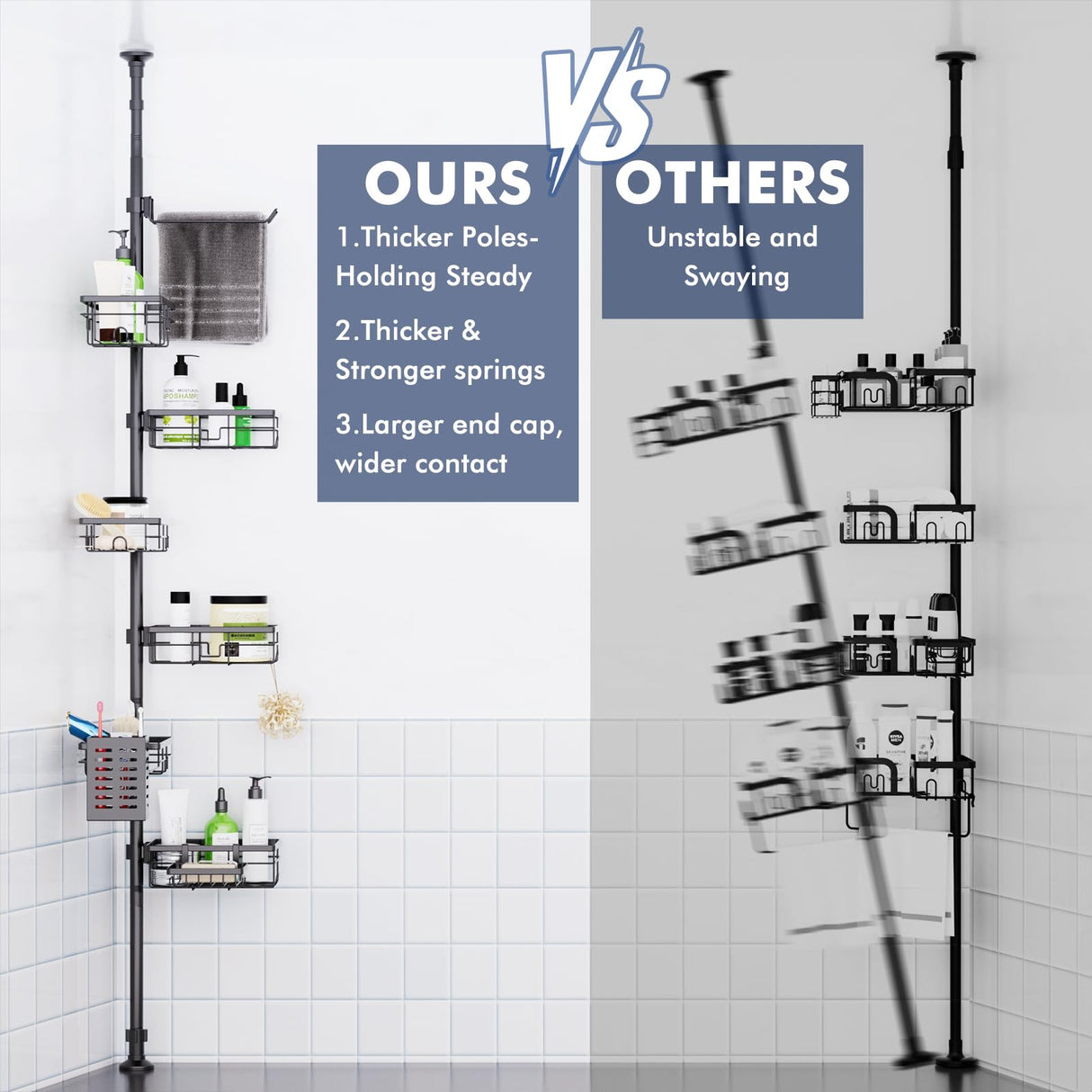 Shower Caddy Organizer Tension Pole, Rustproof 6-Pack Corner Shelf with 30-120 Inch Adjustable Shower Rack for Inside Shower, Extra Towel Bar & Soap Dish for Bathroom Organizers and Storage, Black Vatex