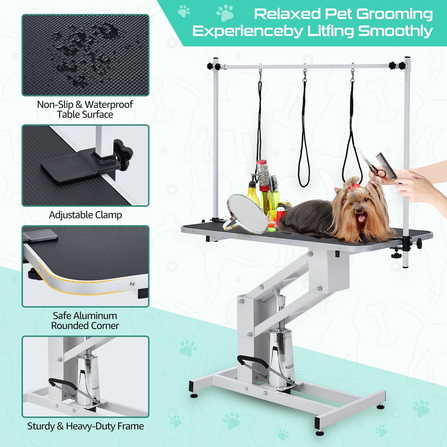 43.3" Hydraulic Dog Grooming Table for Pet, Heavy Duty Structural Hydraulic Max Load 350Lbs Professional Pet Grooming Table with Adjustable Overhead Arm & Noose Height Range 22''-39'' (WHITE)