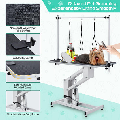 43.3" Hydraulic Dog Grooming Table for Pet, Heavy Duty Structural Hydraulic Max Load 350Lbs Professional Pet Grooming Table with Adjustable Overhead Arm & Noose Height Range 22''-39'' (WHITE)