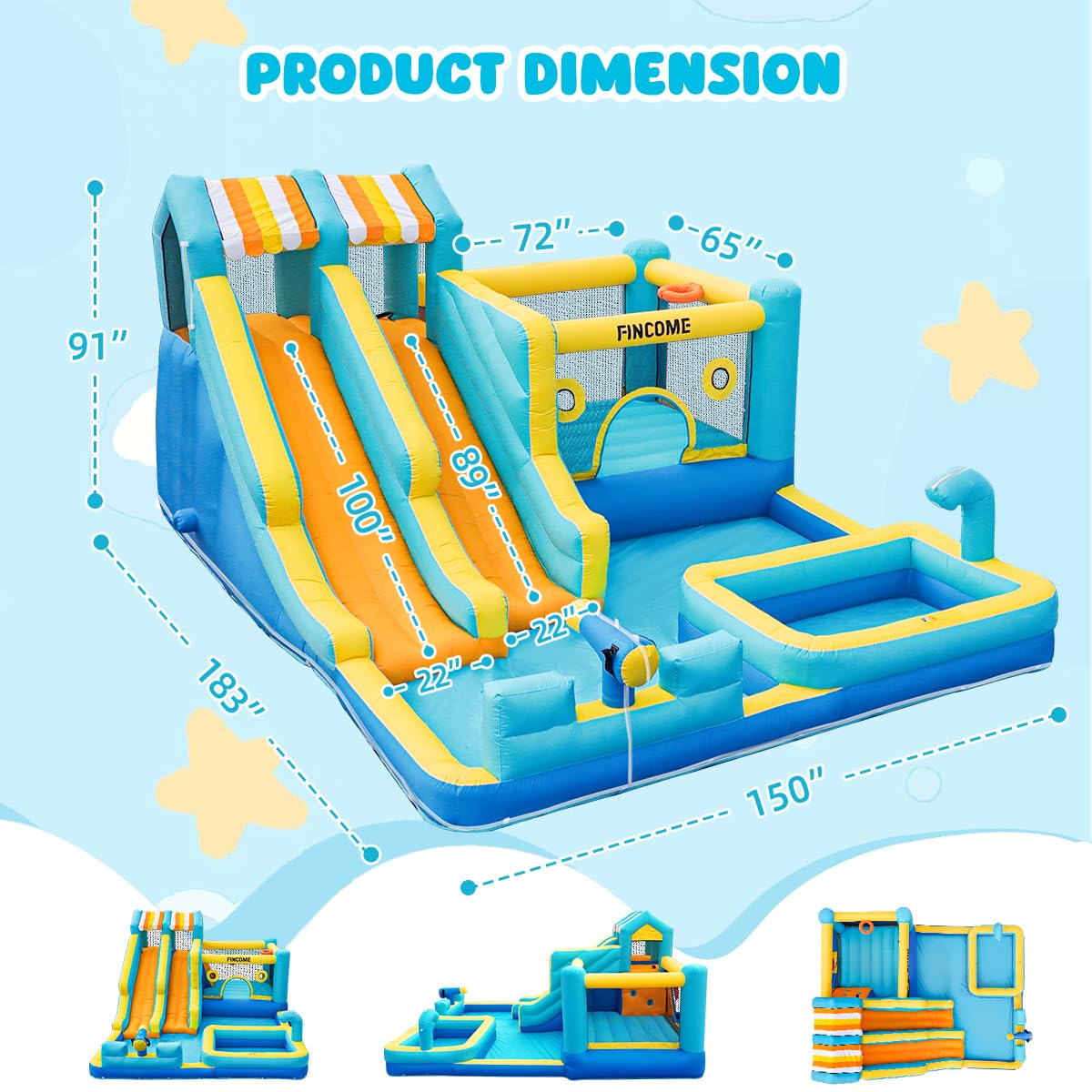 FINCOME Inflatable Bounce House, 10 in 1 Double Water Slide Bounce House with 750W Blower, Climbing Wall, Jumping, Water Gun, Splash Pool, Basketball Hoop for Kids Indoor Outdoor Backyard FINCOME