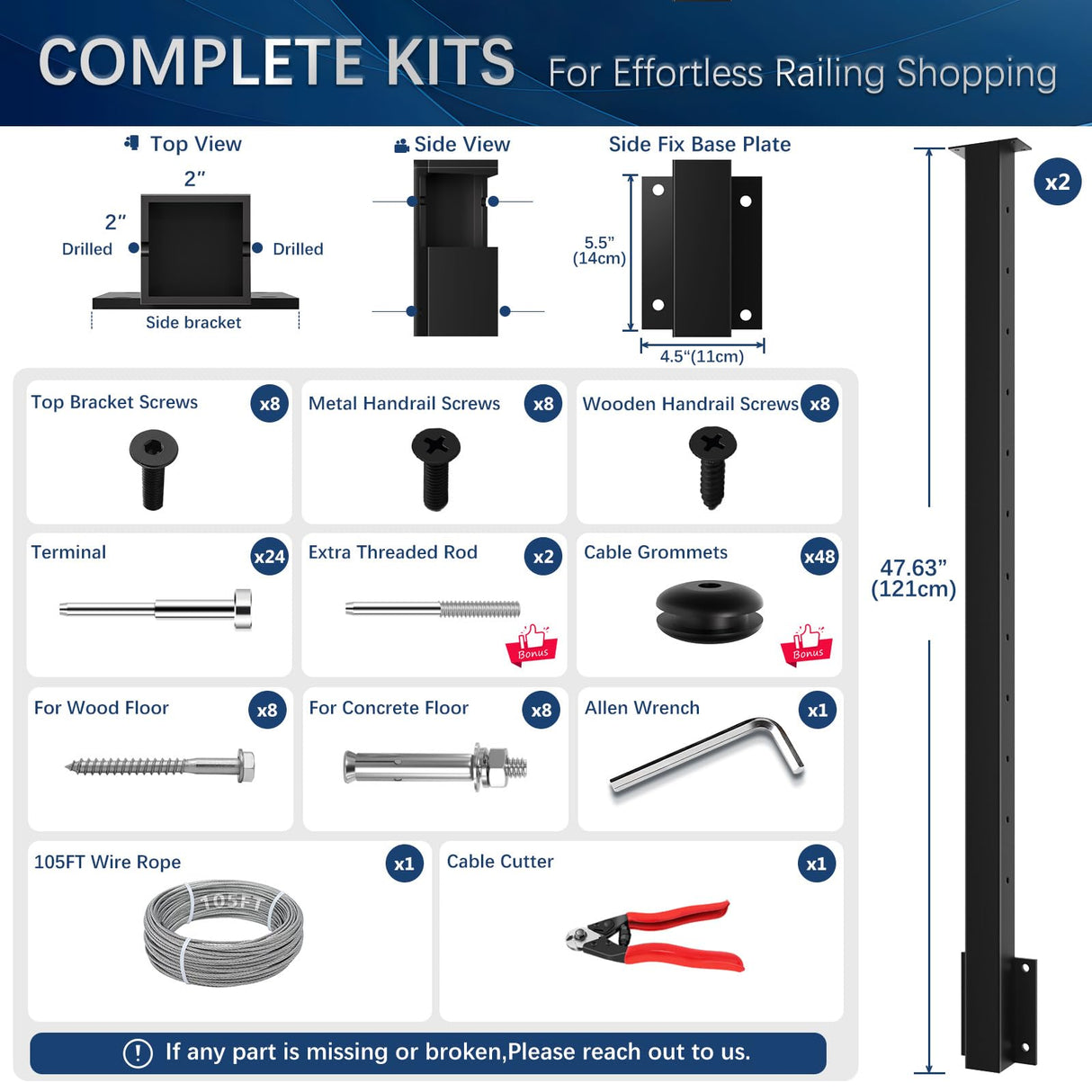 Gyykzz 2Pack One-Stop Side Mount Cable Railing Post Kits 42" (Post Body 47.6"), Complete Set Include 2 Pack Side Mount Line Posts, 105ft Cable, 12 Sets Cable Tensioner, 48 Cable Grommets (No Handrail) Gyykzz