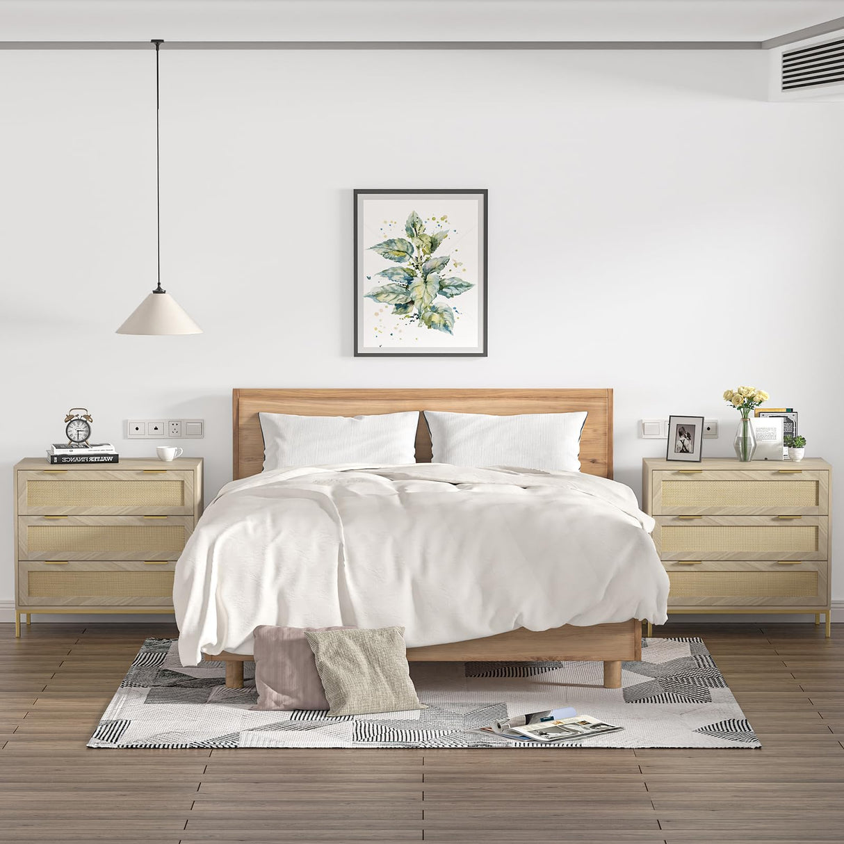 Anmytek 3 Drawer Dresser for Bedroom with Natural Rattan,Closet Dressers Chest of Drawers for Bedroom,Farmhouse Wood Large Nightstand with Storage Versatile Bedside Table for Bedroom Anmytek