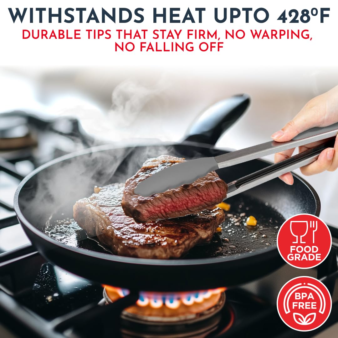 Silicone Kitchen Tongs for Cooking with Silicone Tips, Heat Resistant Tongs for Serving Food, 7-Inch, 9-Inch, 12-Inch Locking Silicone Tongs, Set of 3 Salad Tongs, Grey Kitchen Utensils Culinary Couture