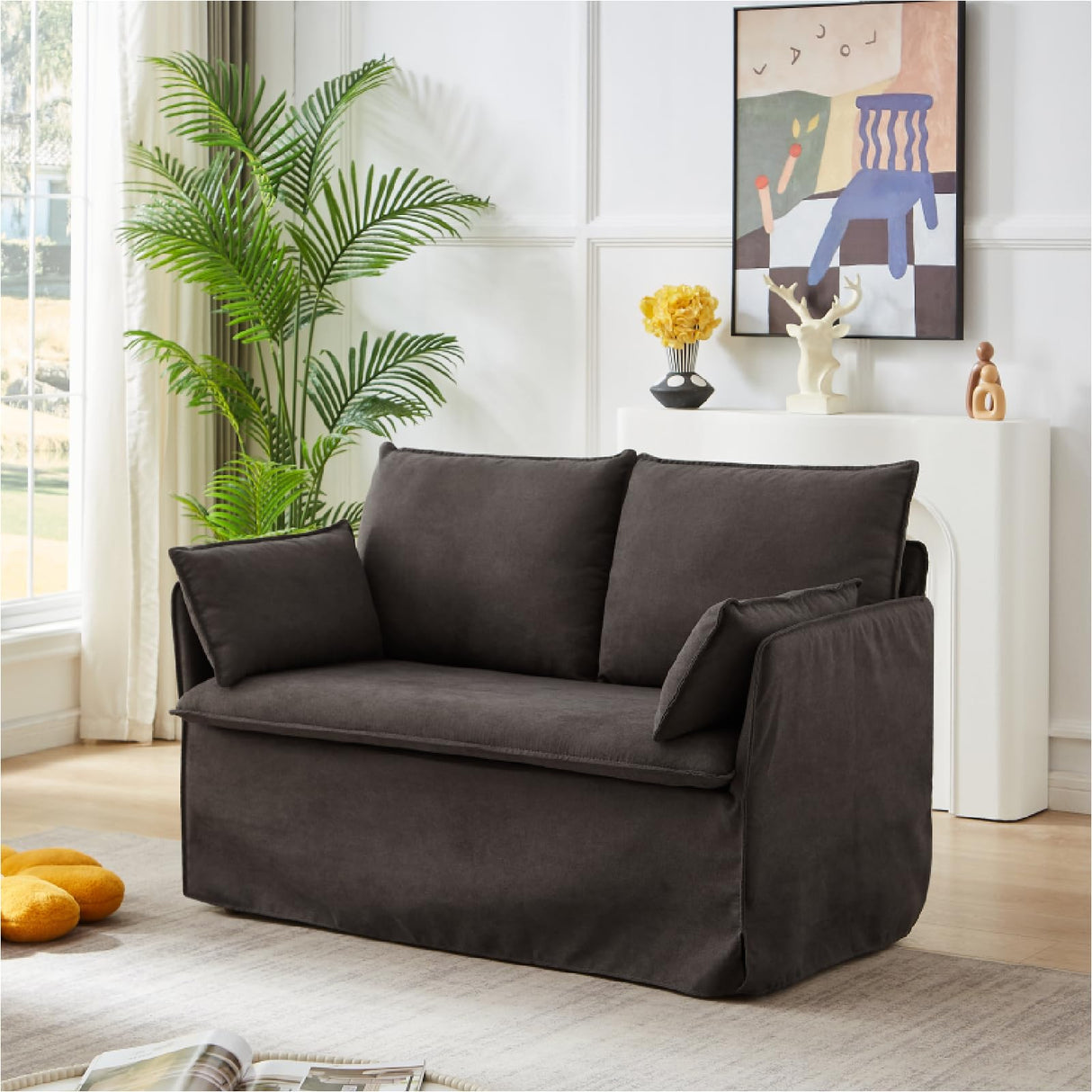 Sivoey Slipcovered Loveseat Sofa, 52" Small Couch with Throw Pillows, Single Seat Cushion, Easy Assembly, Modern Loveseat Sofa for Living Room, Office, Apartment, Small Space, Brown Sivoey